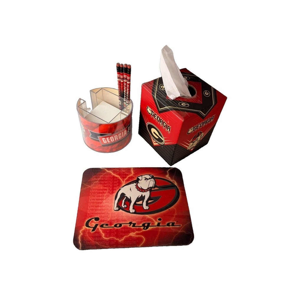 Vtg Y2K UGA Bulldog Desk Set Acrylic Desk Organizer Mouse Pad Pencils Tissue Box